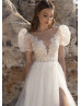 Short Sleeves Beaded Ivory Lace Tulle Slit Wedding Dress